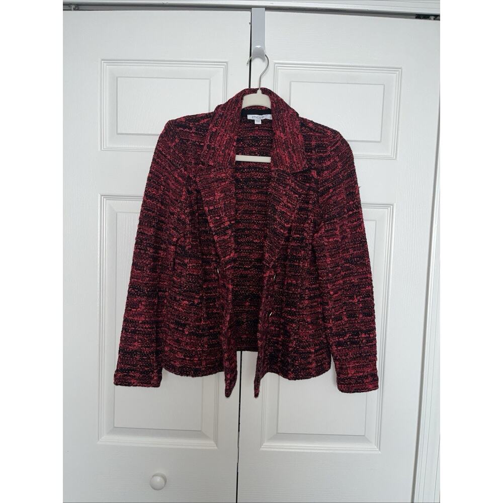 Chicos Tweed Double-Breasted Sweater Blazer. Red/Black Size 1 Medium